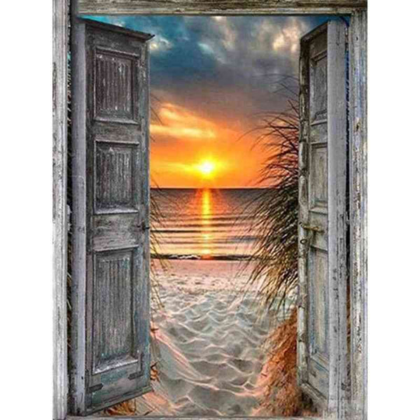 Diamond painting - Zonsondergang achter deur