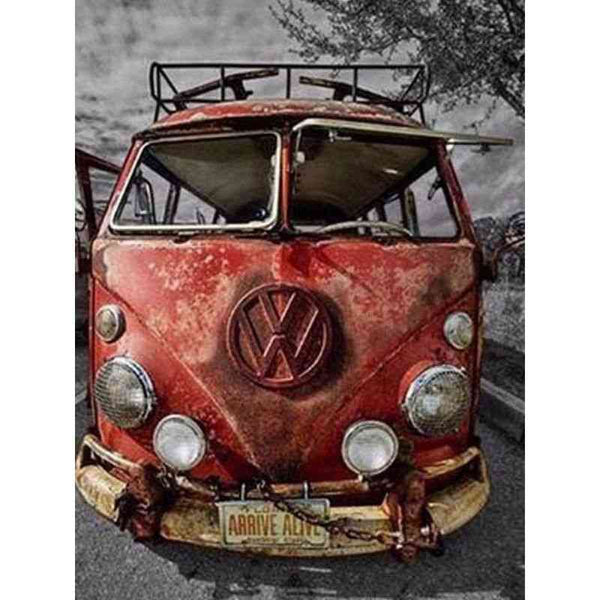 Diamond painting - Rode volkswagenbus met roest